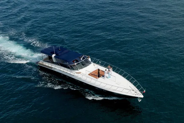 Aerial of Bote underway on deep blue water