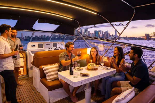 Friends at a set table on the aft deck of Bote with a city skyline behind