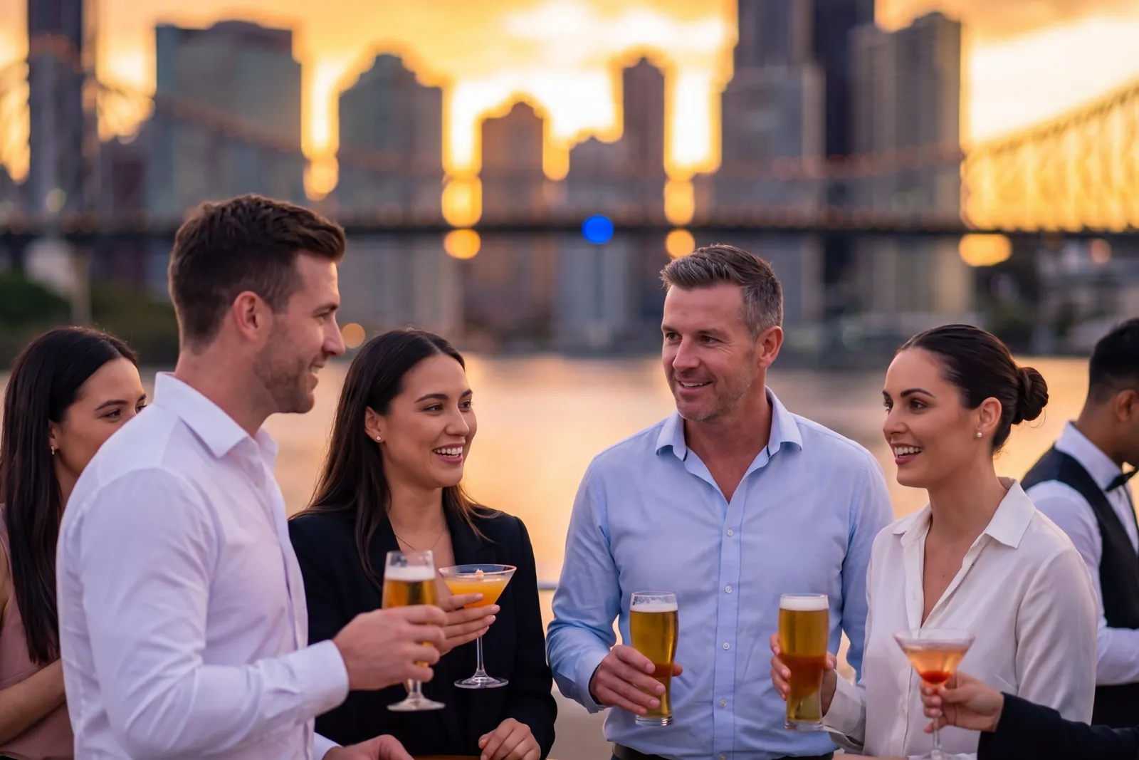 Colleagues with drinks on the deck of Bote with the Story Bridge lit behind