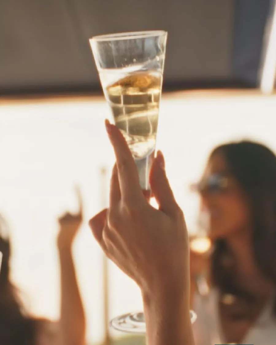 Champagne flute held up to the sun on Bote