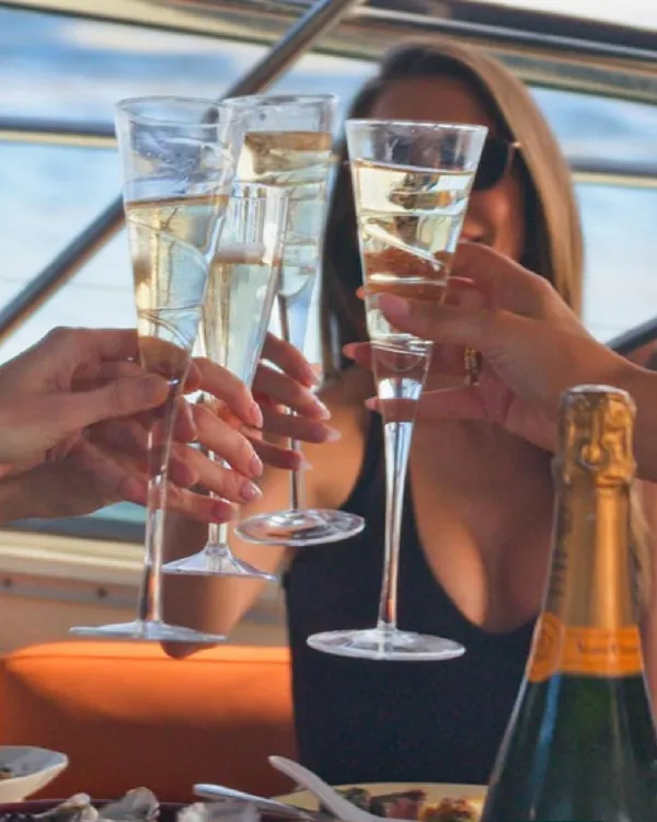 Guests toasting with champagne flutes on the deck of Bote