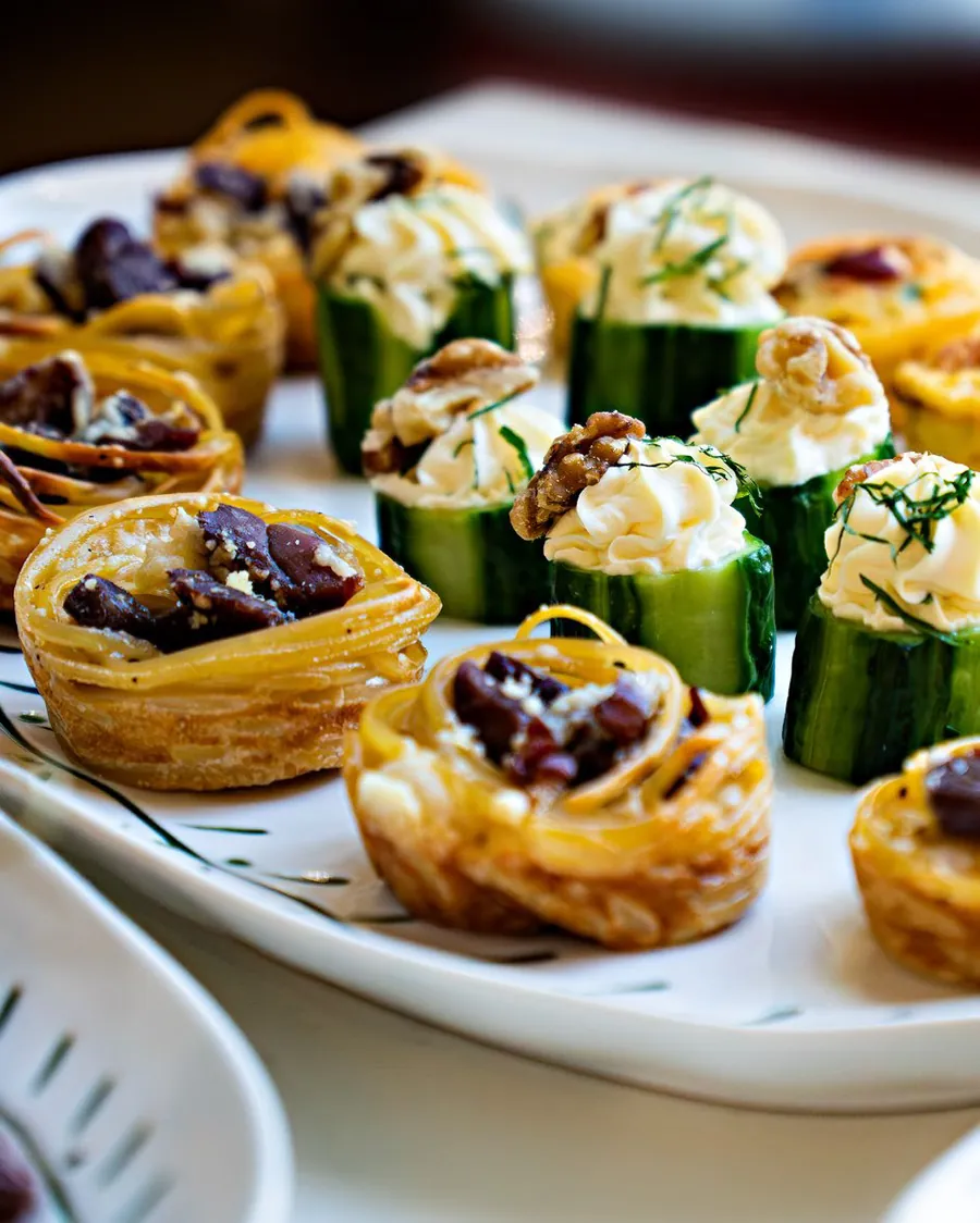 Italian canapes: carbonara nests and cucumber rounds