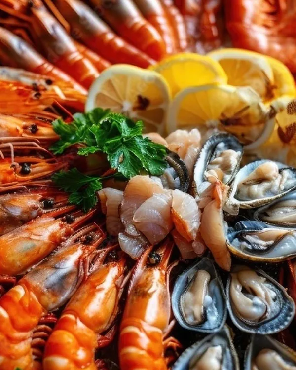 Fresh prawns, oysters and lemon on a seafood platter