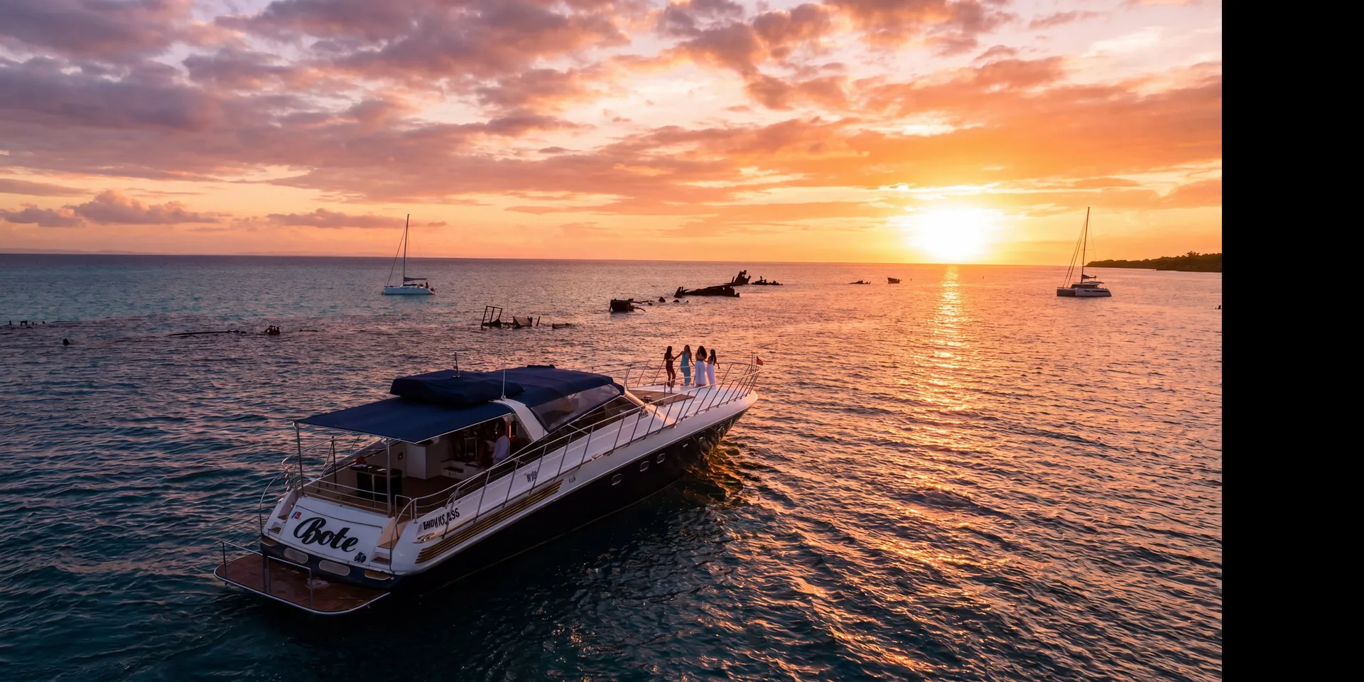 Bote anchored at the Tangalooma wrecks at sunset
